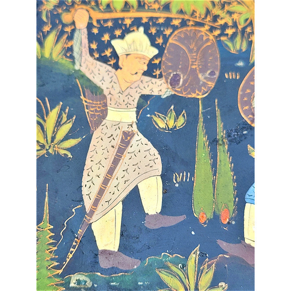 Vintage Russian Black Lacquer Green Blue Trinket Box Fighting Scene - Picture 4 of 13